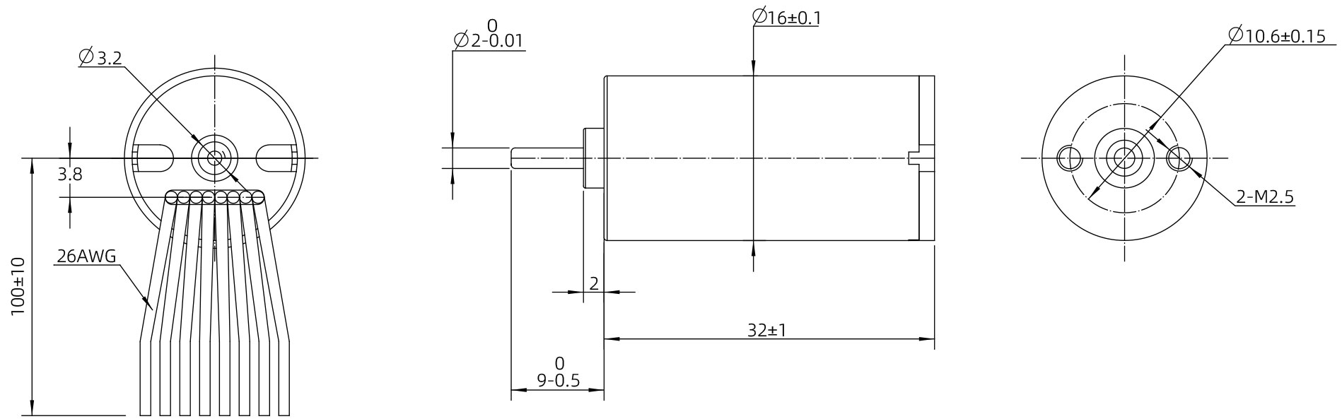 Dessin dimensionnel du moteur Brushless DC de taille 16mm